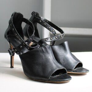 Coach Black Rhonda Open-Toe Leather Studded Straps Stacked Heels Pumps Size 9